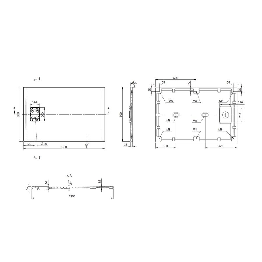 Douchebak Marmer Sapho Acora 120x80x3.5 cm Rechthoek Steen Wit