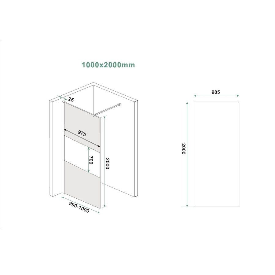 Inloopdouche Wiesbaden Slim Rookglas met Middenband 100x200 8mm Nano Coating