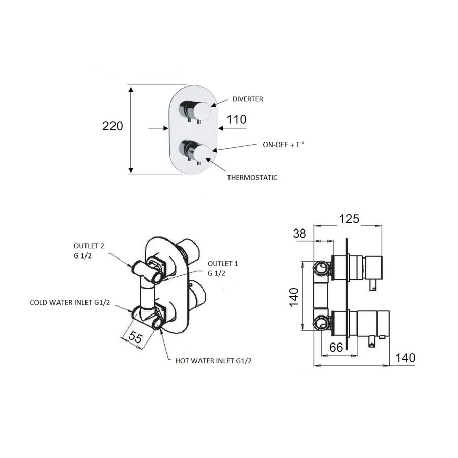 Douchekraan Inbouw Sapho Rhapsody Thermostatisch Afbouwdeel 2-weg Chroom (incl. inbouwdeel)