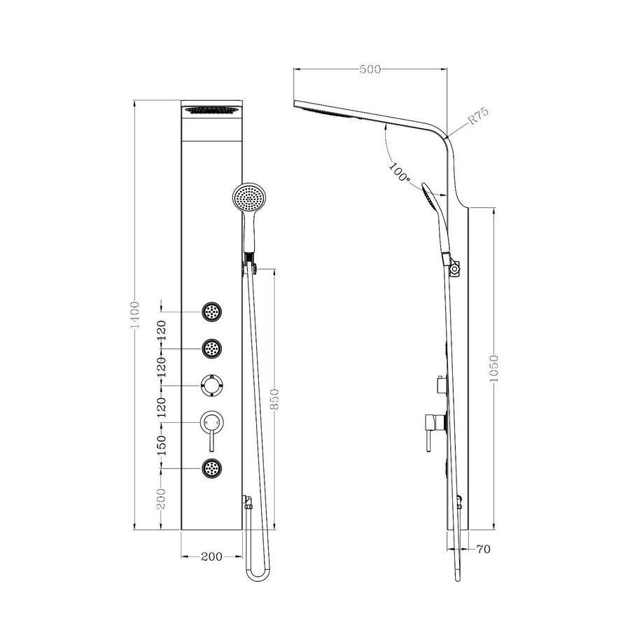 Douchepaneel Sapho Tusa 140 cm met mengkraan Aluminium