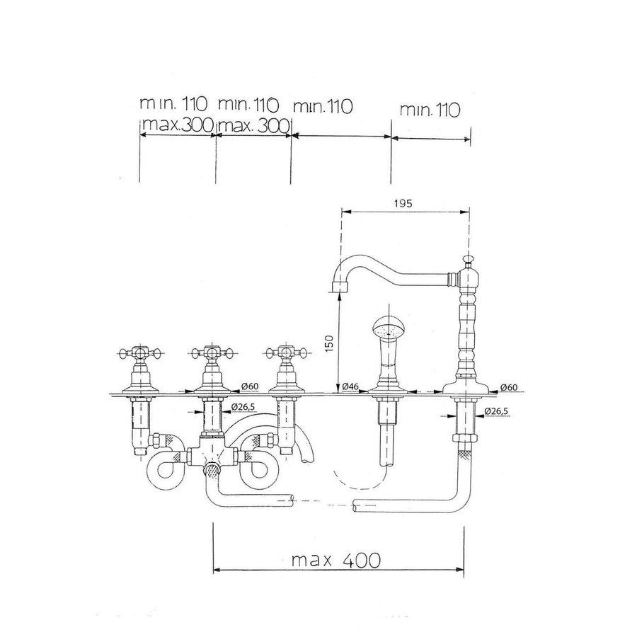Badrandkraan Sapho Antea 3-kruisgreep Mengkraan Retro Compleet 5-gats Goud