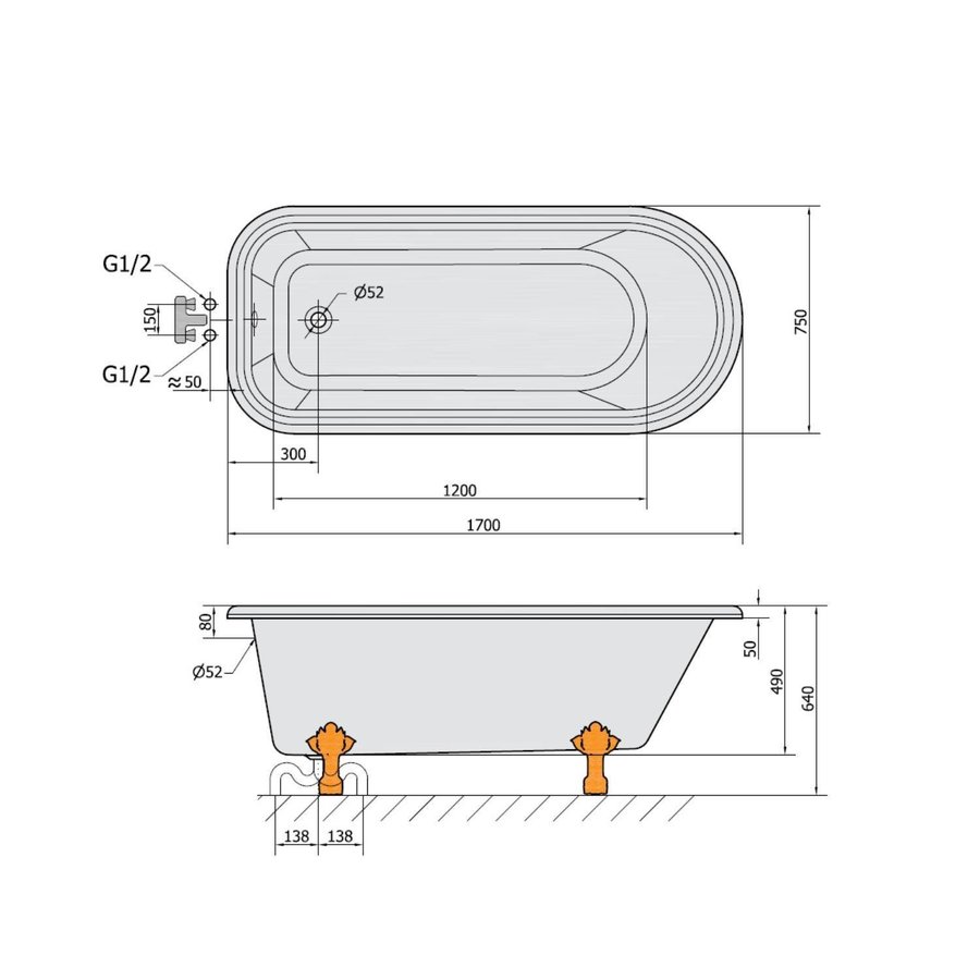 Vrijstaand Bad Sapho Foxtrot 170x75x49 cm Wit met Leeuwenpoten Brons