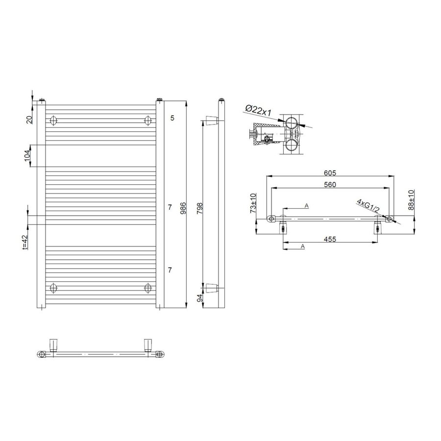 Handdoekradiator Sapho Direct Recht 60x98.6 cm 541W Wit