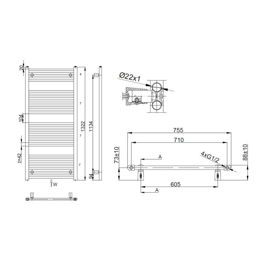 Handdoekradiator Sapho Direct Recht 75x132.2 cm 864W Wit