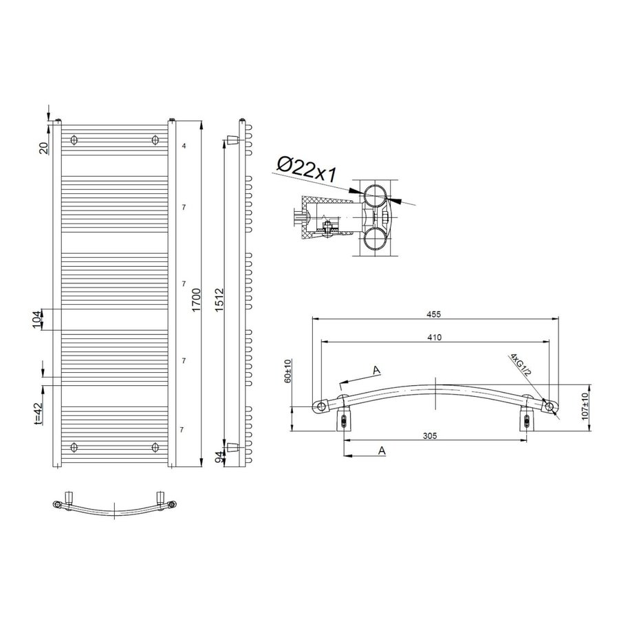 Handdoekradiator Sapho Orbit Gebogen 45x170 cm 732W Wit