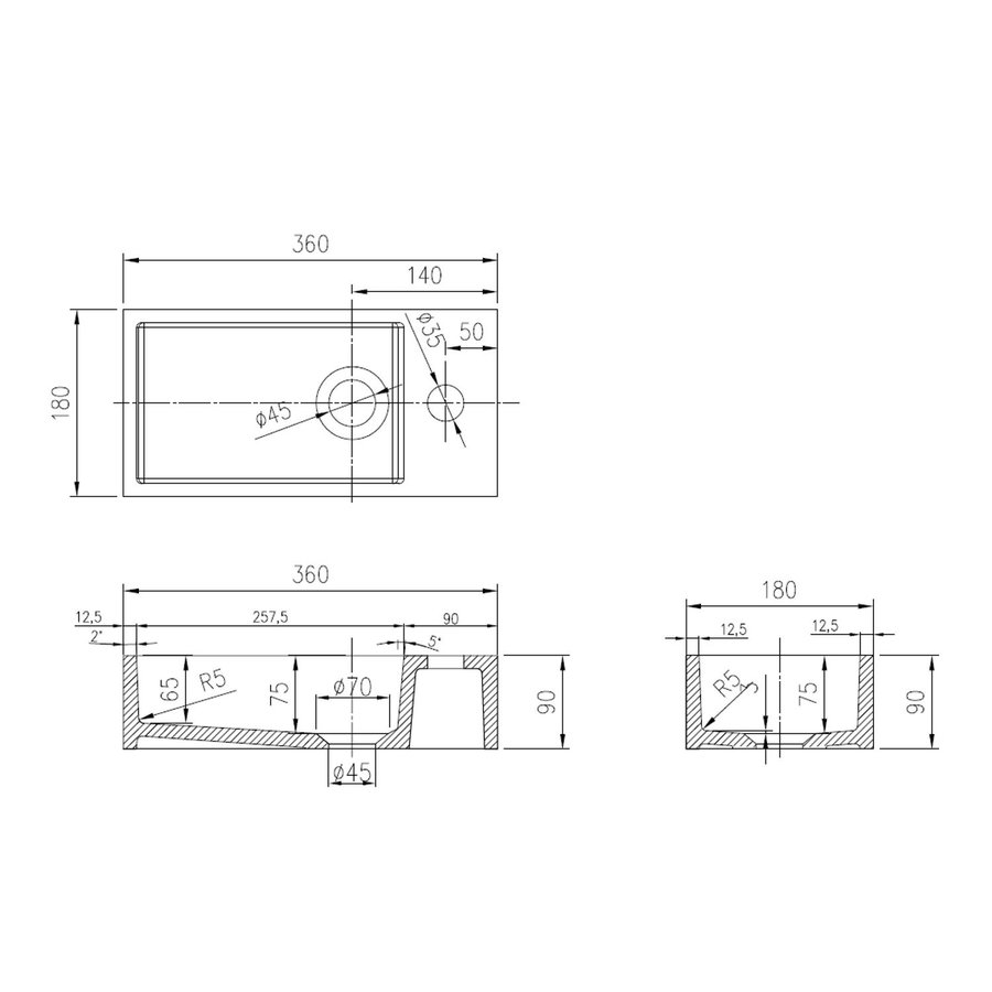 Fontein BWS Solid Surface Rechthoek 36x18x9 cm Mat Wit