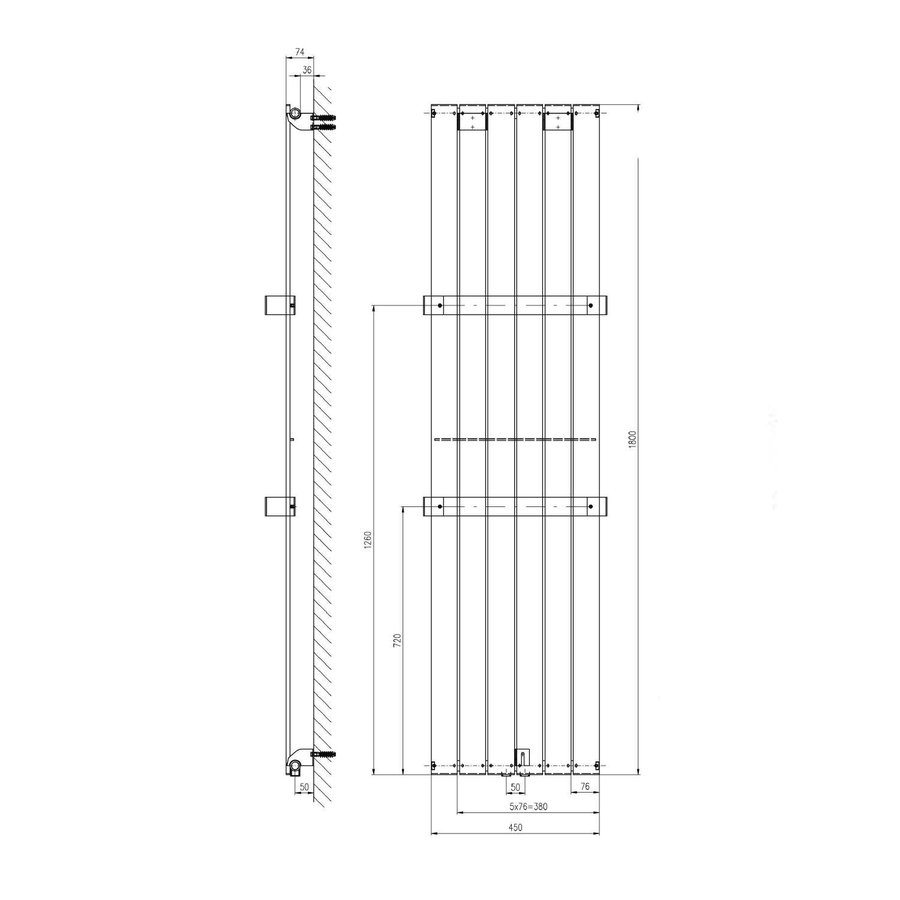 Designradiator Sapho Colonna Recht Middenaansluiting 45x180 cm 910W Zilver