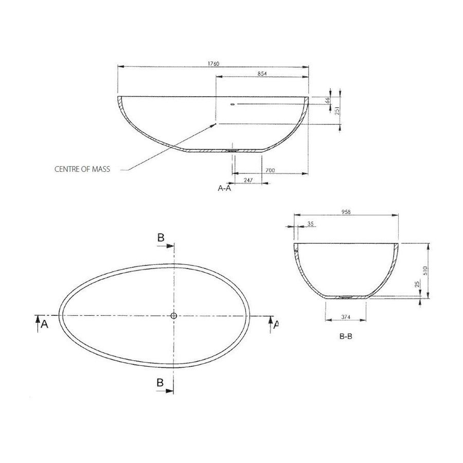 Vrijstaand Bad BWS Solid Surface 176x96x51 cm Mat Wit