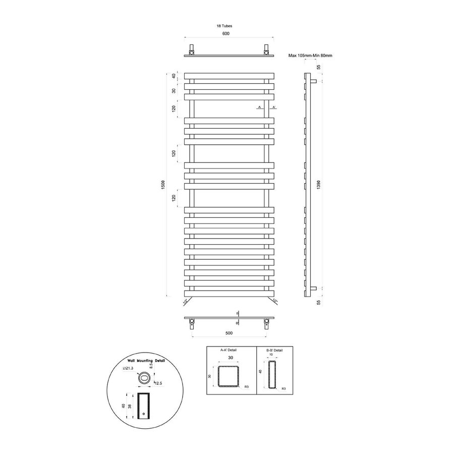 Handdoekradiator Sapho Truva Recht 60x150 cm Geborsteld RVS