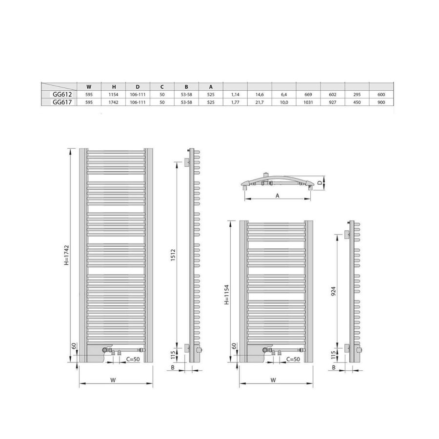 Handdoekradiator Sapho Egeus Gebogen 59.5x115.4 cm 669W Brons