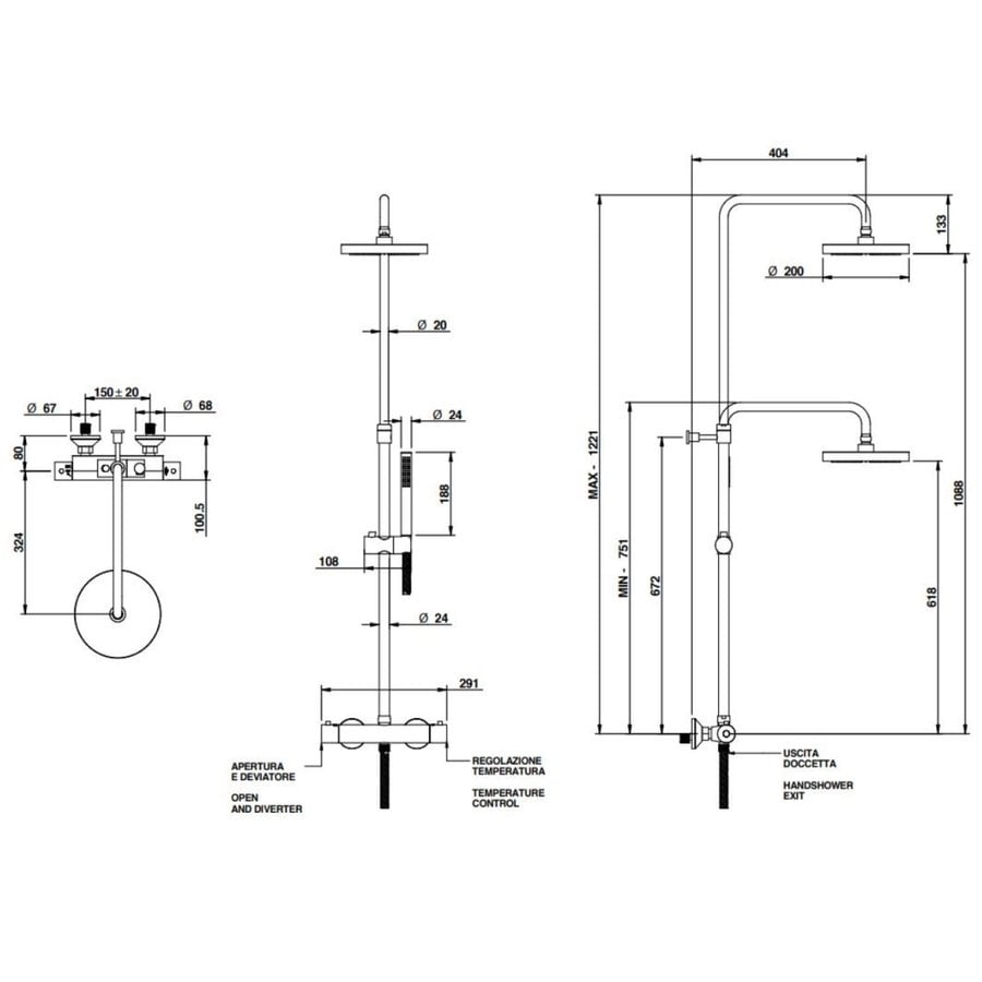 Opbouw Regendoucheset Luca Sanitair Bongio Thermostatisch Ronde Hoofddouche 20 cm Chroom