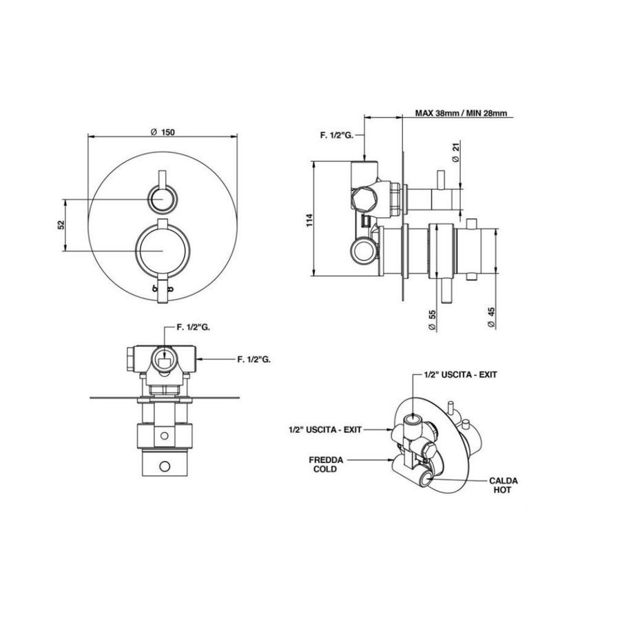 Inbouw Regendoucheset Luca Sanitair Bongio Thermostatisch Ronde Hoofddouche Chroom