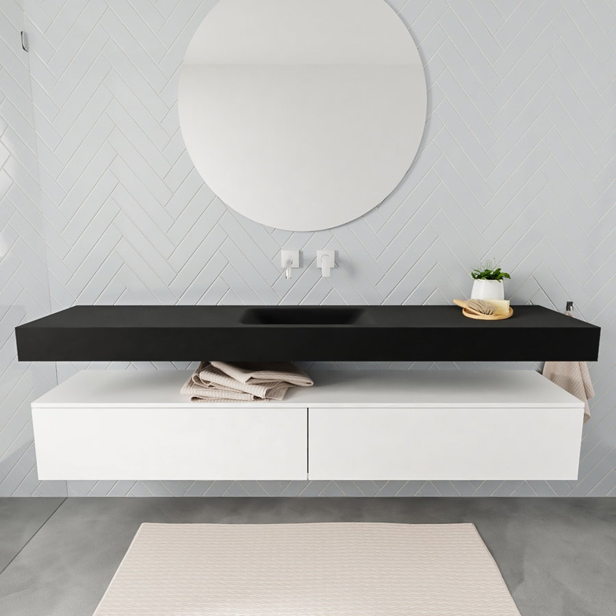 Badkamermeubel AQS Ibiza 200 cm Mat Wit Twee Soft-Close Lades Solid Surface Wastafel Mat Zwart (acht varianten)