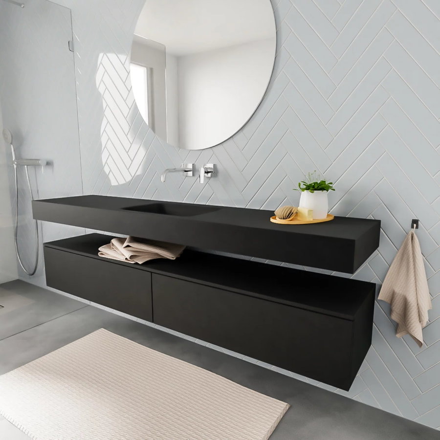 Badkamermeubel AQS Ibiza 200 cm Twee Soft-Close Lades Solid Surface Wastafel Mat Zwart (acht varianten)