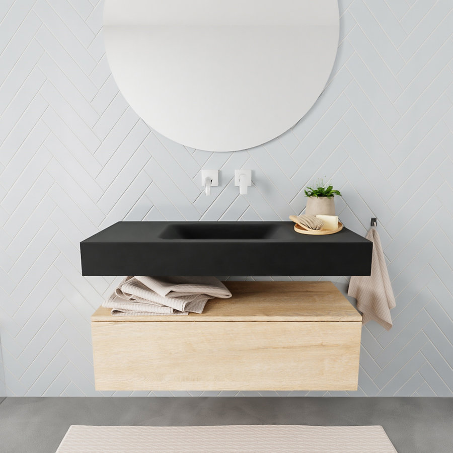 Badkamermeubel AQS Ibiza 100 cm Washed Oak Solid Surface Wastafel Mat Zwart (zes varianten)