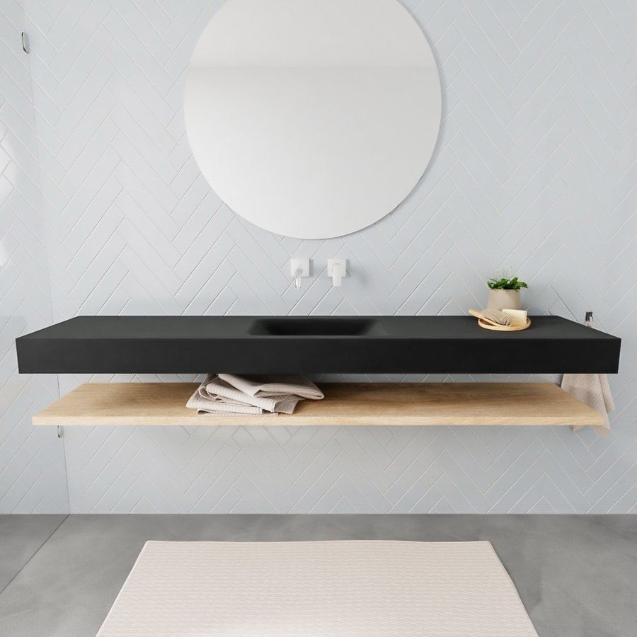 Badkamermeubel AQS Ibiza 200 cm met Washed Oak Planchet Solid Surface Wastafel Mat Zwart (acht varianten)
