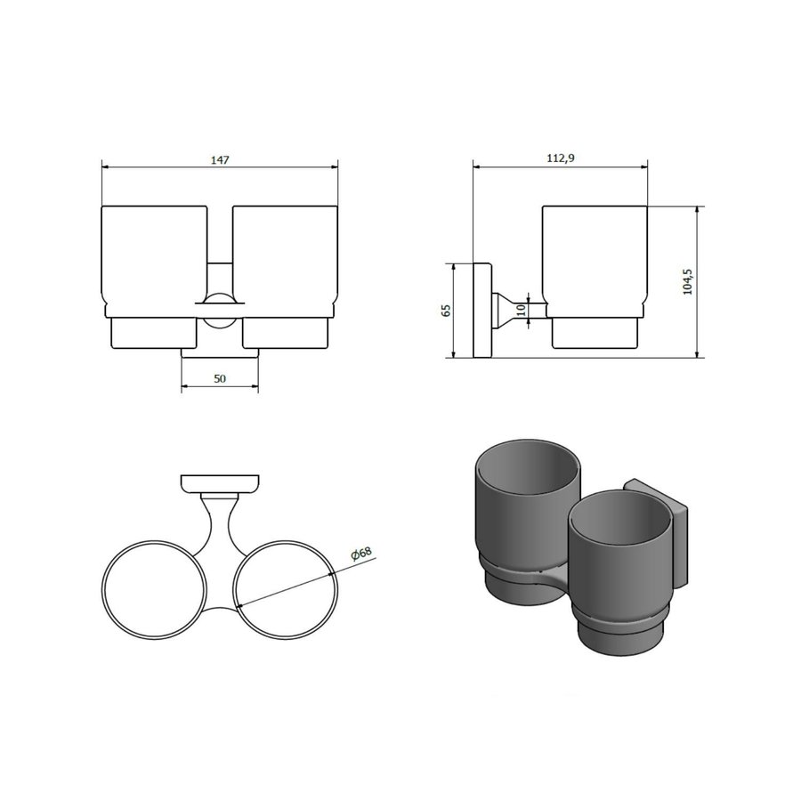 Dubbele Bekerhouder Sapho Rumba Hangend Chroom / Melkglas