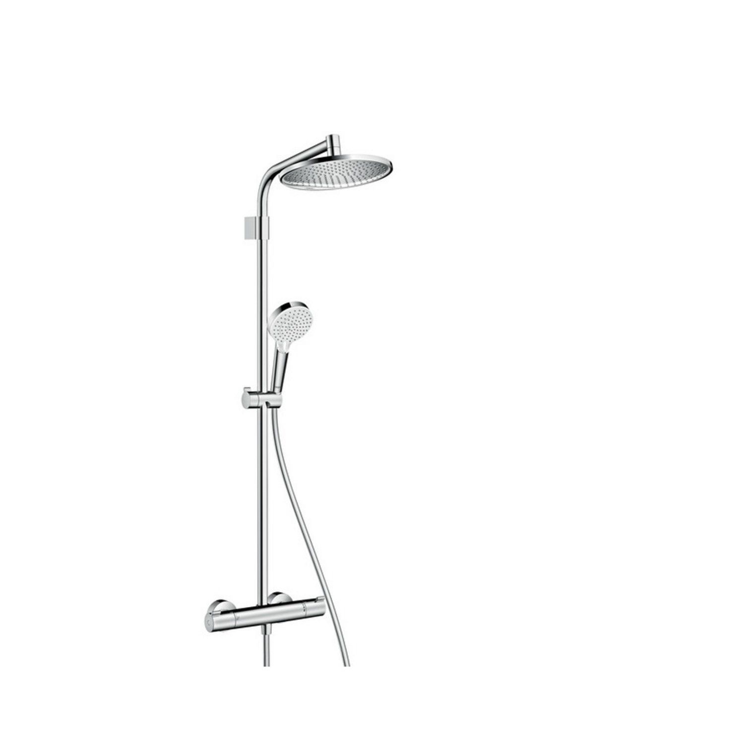 Система с термостатом и тропическим душем. Hansgrohe Crometta s 240 Showerpipe с термостатом 27320000. Душевая система Hansgrohe Croma 27222000. Душевая система Hansgrohe Crometta e 240 1jet Showerpipe с термостатом 27298000. 27284000 Hansgrohe Crometta e Showerpipe 240 душевая система.