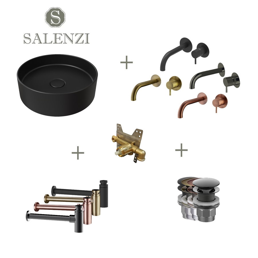 Salenzi Waskomset Hide Circle 40x12 cm Mat Zwart (Keuze Uit 4 Kleuren Kranen)