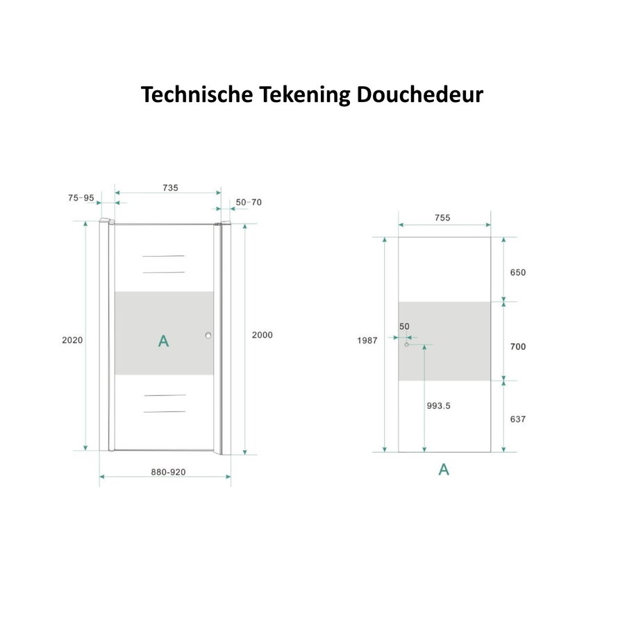 Douchecabine Aqua Splash met Middenband op Nisdeur en Vaste Wand 90 cm Links Scharnierend (vijf verschillende maten)