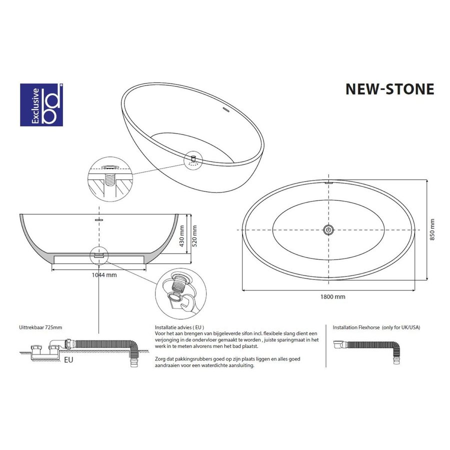 Vrijstaand Ligbad Best Design New Stone Dicolor 180x85x52 cm Solid Surface Grijs / Mat Wit