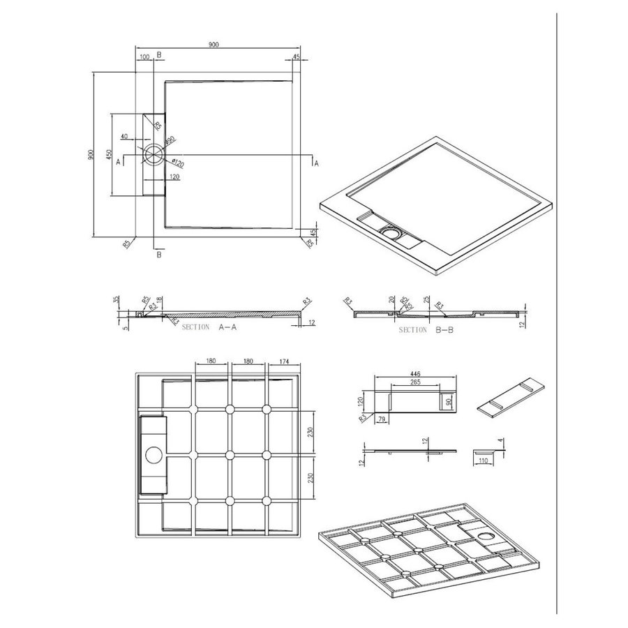 Douchebak Best Design Decent 90x90x3.5 cm Solid Surface Grijs