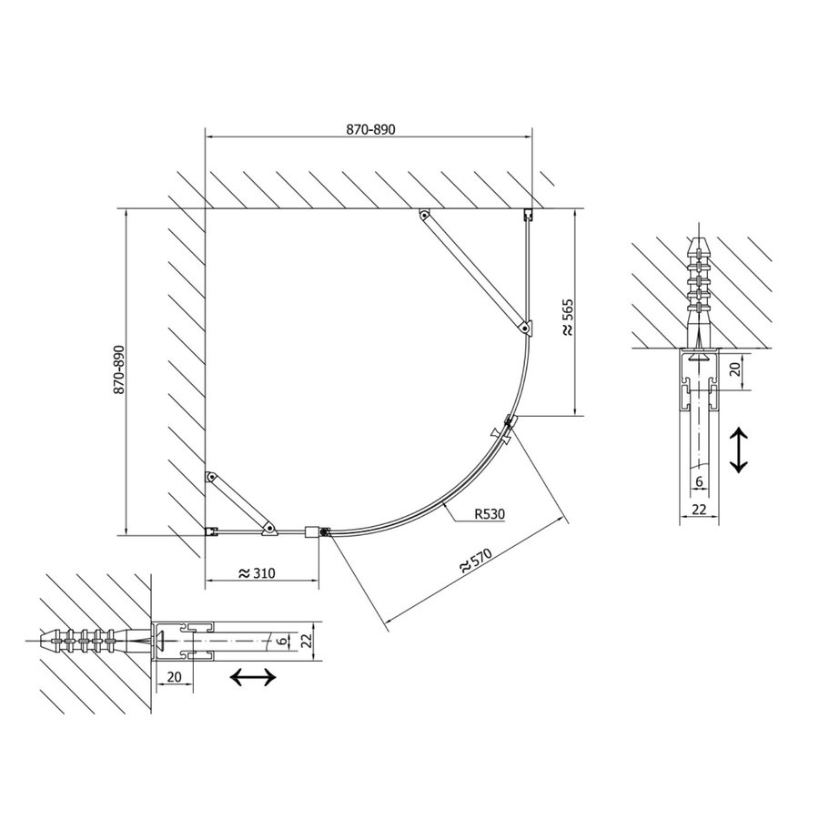 Douchecabine Sapho Zoom Line Black Kwartrond Draaideur 90x90 cm 6 mm Gecoat Glas Mat Zwart Rechts