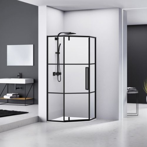 Douchecabine Van Rijn Vijfhoek Aluminium Zwart 90x200 Dubbelzijdige Nanocoating 6 mm Helder Glas 