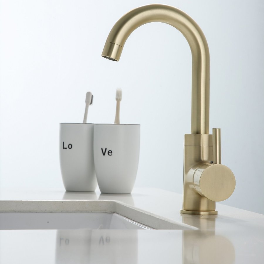 Wastafelkraan Boss & Wessing Gold Gebogen Uitloop Geborsteld Messing Mat Goud