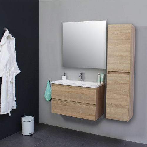 Badkamermeubel Boss & Wessing Pepper Acryl Wastafel Met Kraangat Inclusief Spiegel 80x55x46 cm Eiken 