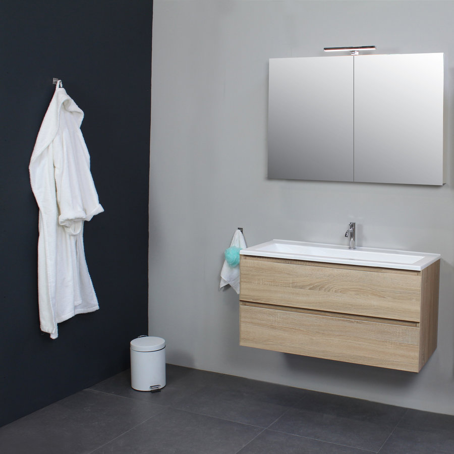 Badkamermeubel BWS Pepper Wastafel Acryl Incl Spiegelkast 2 Deurs Met 1 Kraangat 100x55x46 cm Eiken