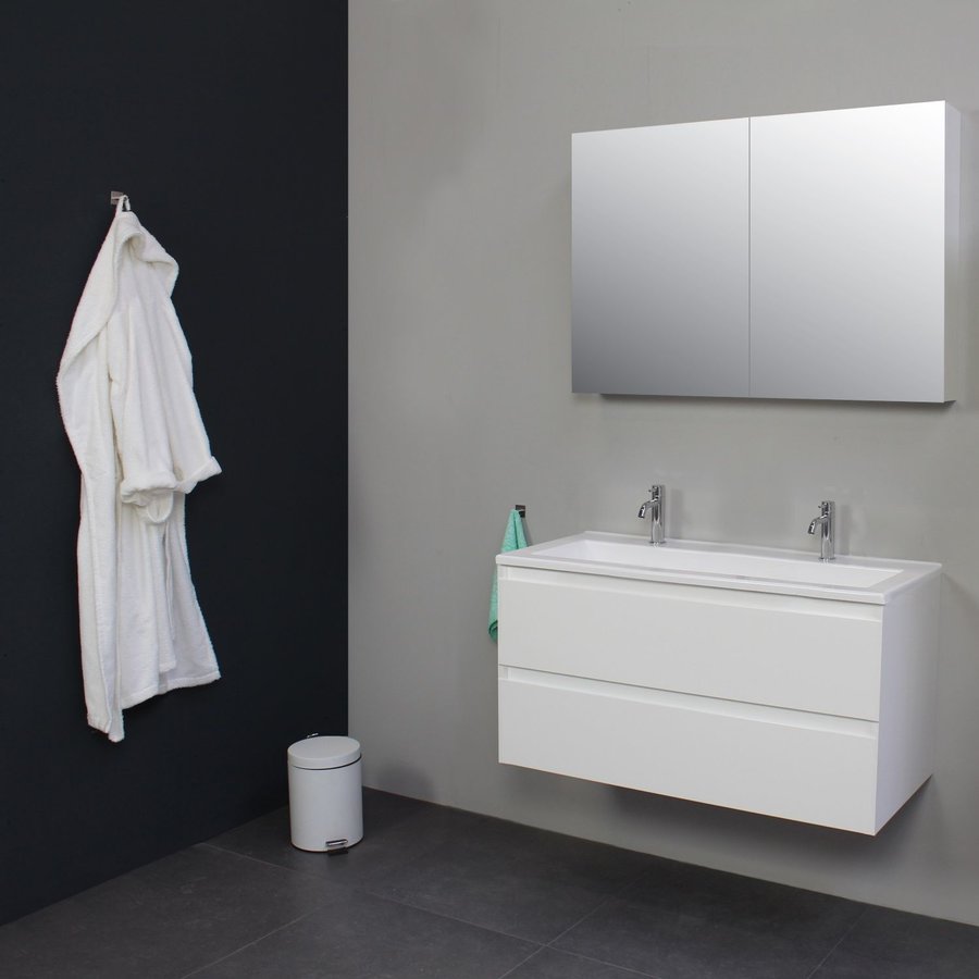 Badkamermeubel BWS Pepper Wastafel Acryl Incl Spiegelkast 2 Deurs Met 2 Kraangaten 100x55x46 cm Wit