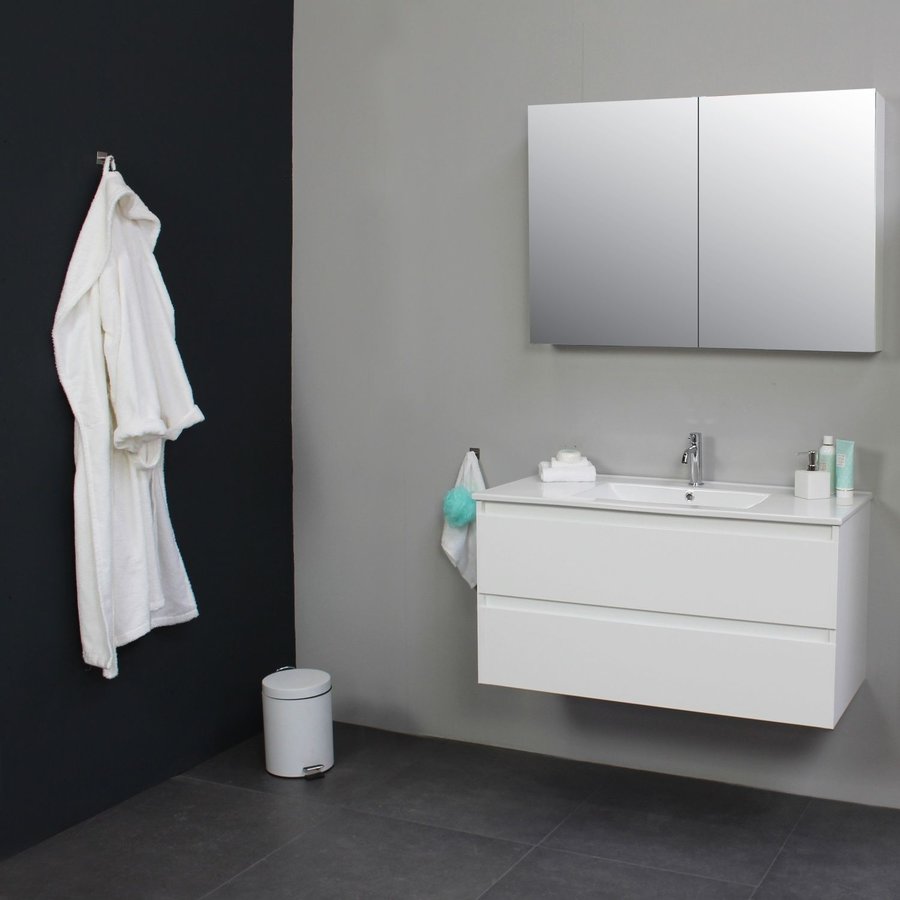 Badkamermeubel BWS Pepper Wastafel Porselein Incl Spiegelkast 2 Deurs Met 1 Kraangat 100x55x46 cm Wit