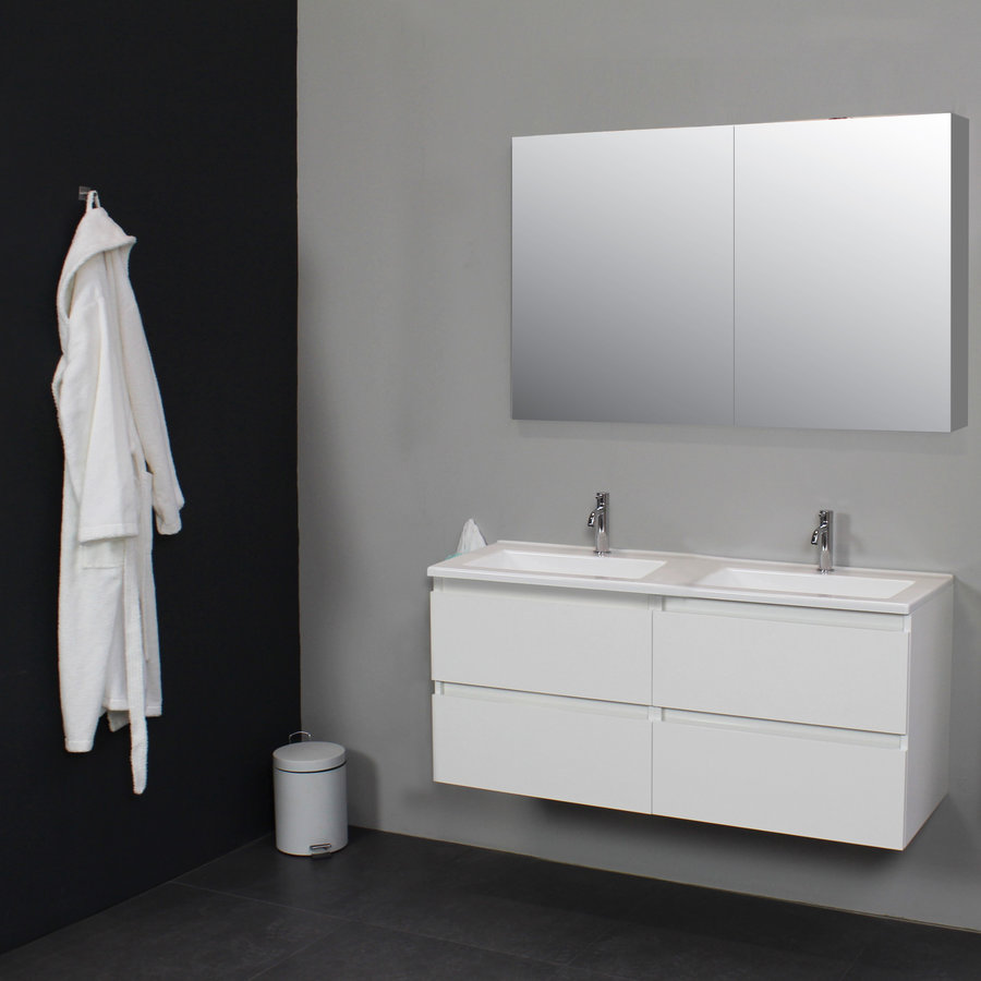 Badkamermeubel BWS Pepper Wastafel Acryl Incl Spiegelkast 2 Deurs Met 2 Kraangaten 120x55x46 cm Wit