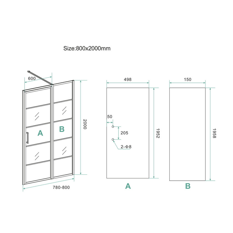 BWS Nisdeur INDUS met Vast Paneel 130x200 cm 8 mm NANO Glas Omkeerbaar Mat Zwart