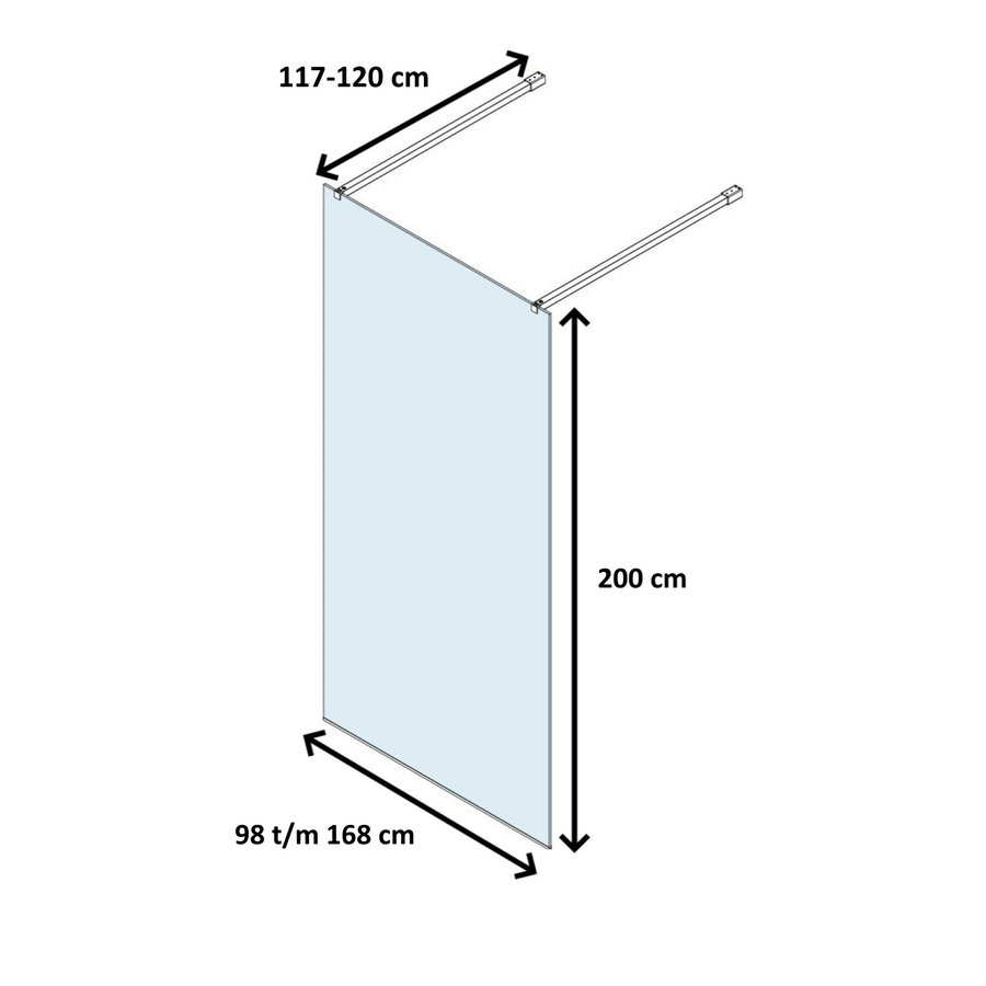 Vrijstaande Inloopdouche Lacus Filicudi Helder Glas Twee Stabilisatiestangen RVS (alle maten)