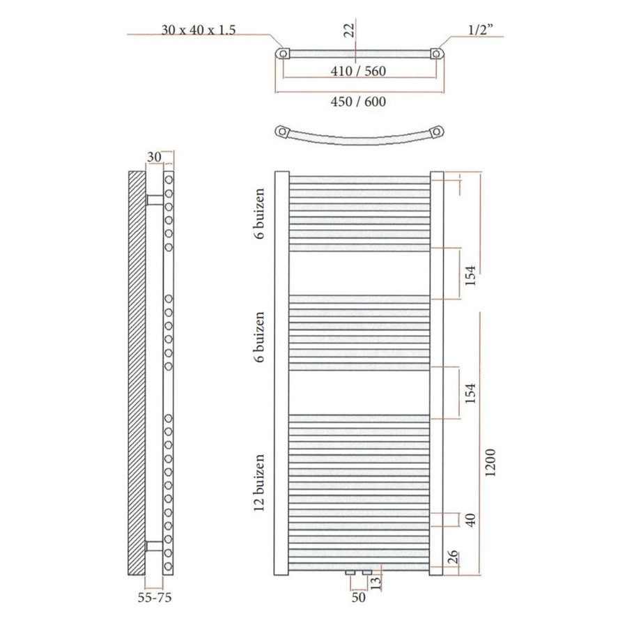 Designradiator Sanicare RVS Look Inclusief Ophanging Midden Aansluiting Recht 120x60 cm