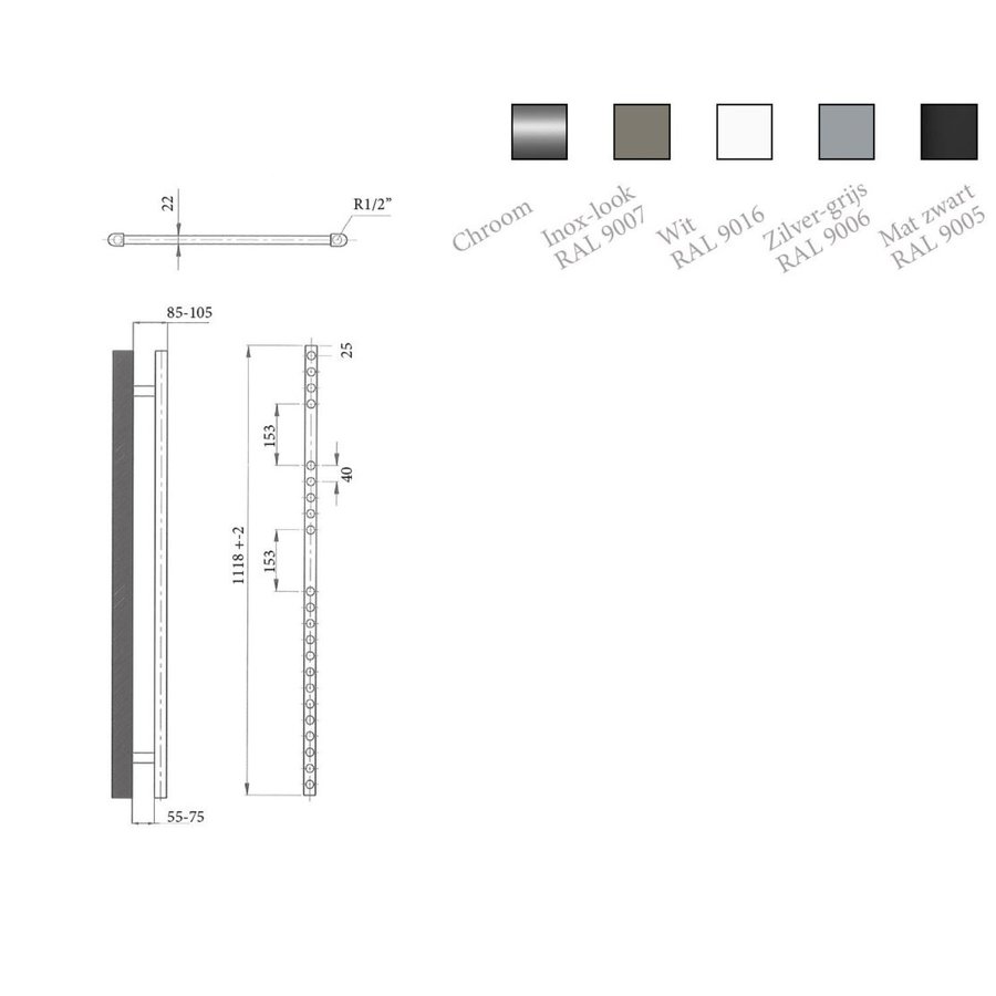 Elektrische Design Radiator Sanicare Plug En Play 111,8 x 60 cm Zilvergrijs Thermostaat Zwart 730 Watt