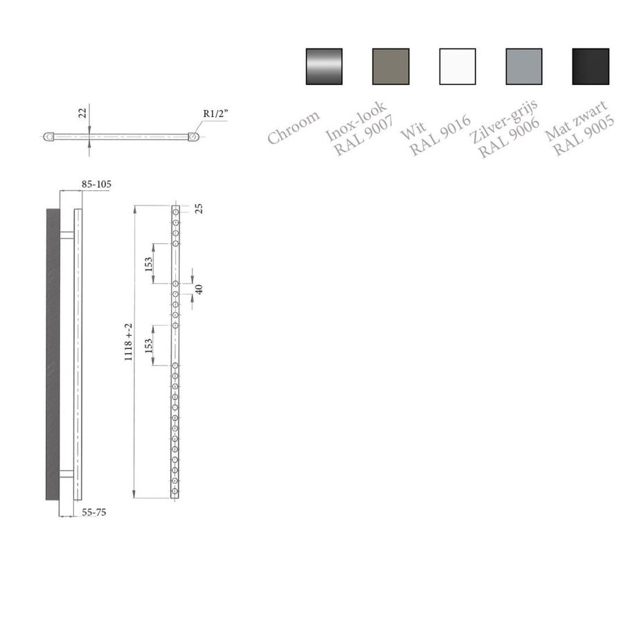 Elektrische Design Radiator Sanicare Plug En Play 111,8 x 60 cm Chroom Thermostaat Chroom 533 Watt