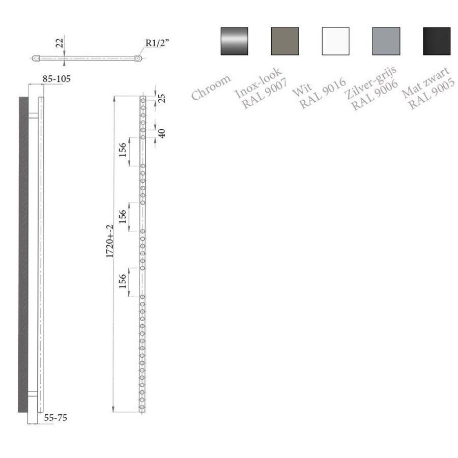 Elektrische Design Radiator Sanicare Plug En Play 172 x 45 cm Wit Thermostaat Zwart 920 Watt