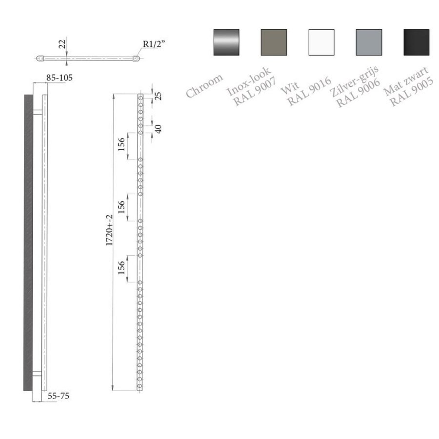 Elektrische Design Radiator Sanicare Plug En Play 172 x 60 cm Chroom Thermostaat Chroom 822 Watt