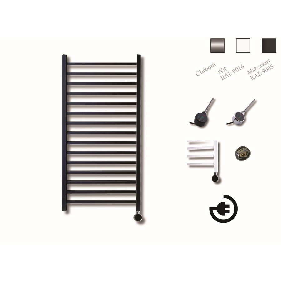 Elektrische Design Radiator Sanicare Plug En Play Qubic 126.4 x 60 cm Mat Zwart Thermostaat Chroom 773 Watt