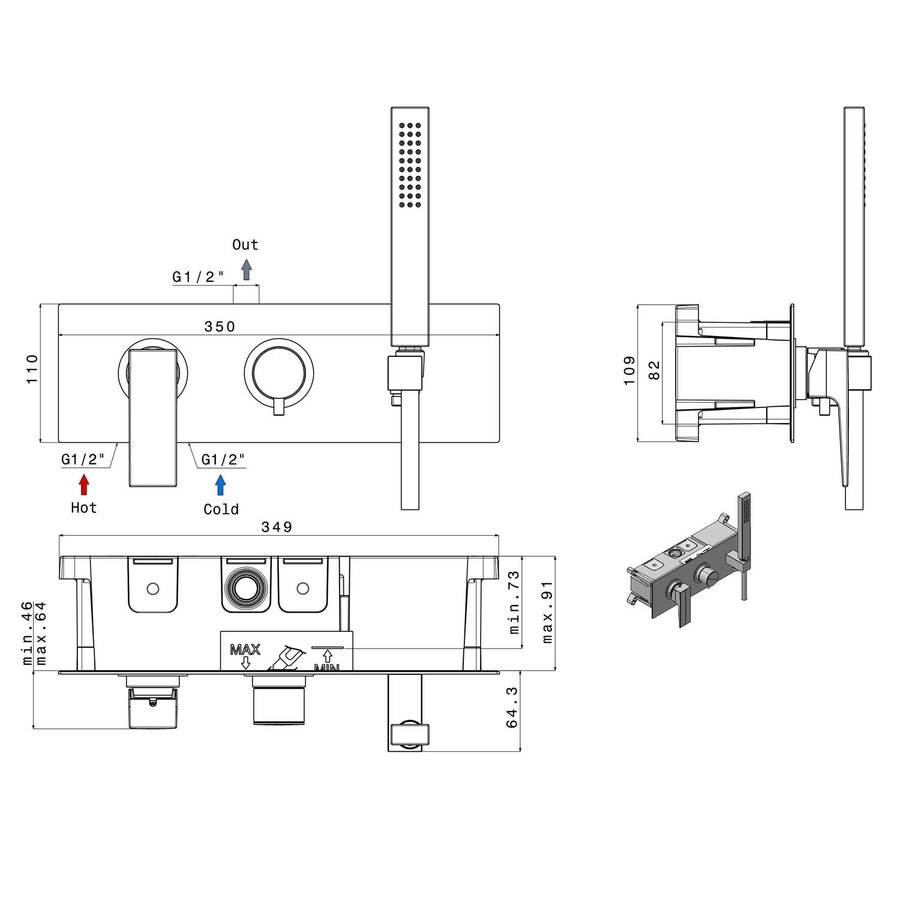 Inbouw douchemengkraan Sapho Dimy 2-Weg Mat Zwart (incl. handdouche)