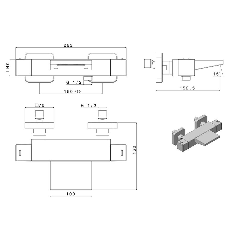 Opbouw Badkraan Sapho Dimy Thermostaatkraan Waterval 2-knop 15.5 cm Mat Zwart