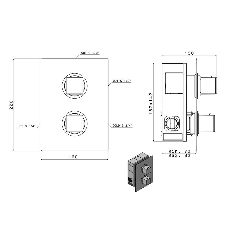 Douchekraan Inbouw Sapho Dimy Thermostatisch Afbouwdeel 2-weg Mat Zwart (incl. inbouwdeel)
