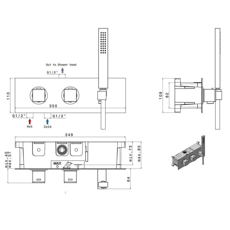 Inbouw Thermostatische Douchekraan Sapho Dimy 2-Weg Mat Zwart (incl. handdouche)