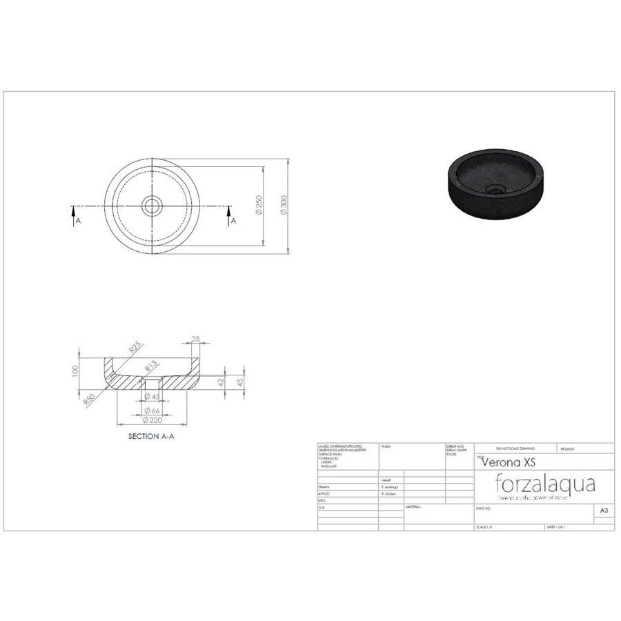 Waskom Forzalaqua Verona XS Graniet Gezoet 30x12 cm