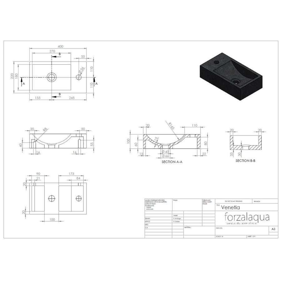 Fontein Forzalaqua Venetia Cloudy Marmer Gezoet Zonder Kraangat Links 40x22x10 cm