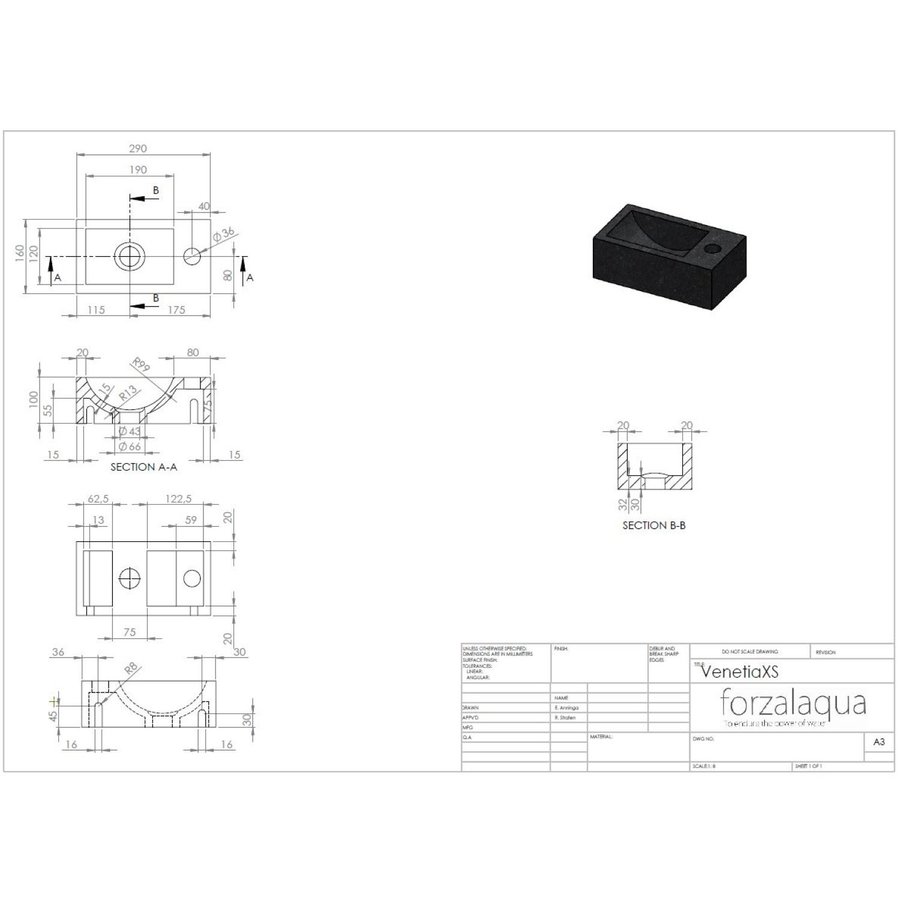 Fontein Forzalaqua Venetia XS Graniet Gezoet Gebrand Met Kraangat Rechts 29x16x10 cm