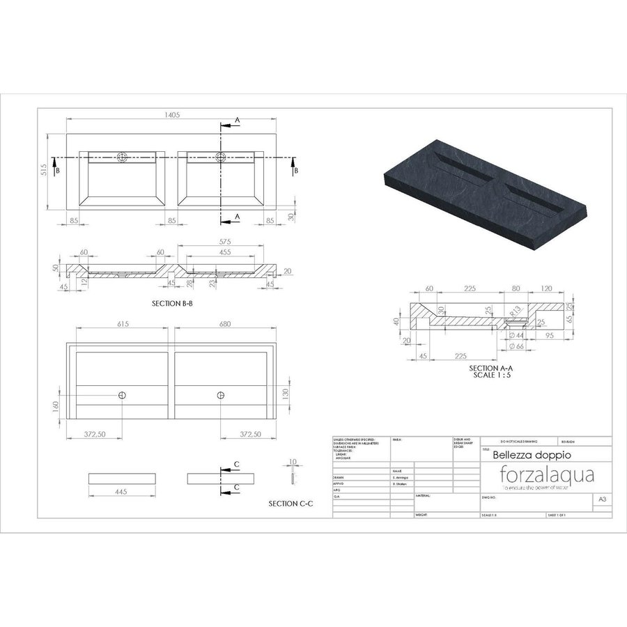 Wastafel Forzalaqua Bellezza Doppio Marmer Graniet Gezoet Zonder Kraangat 140,5x51,5x9 cm